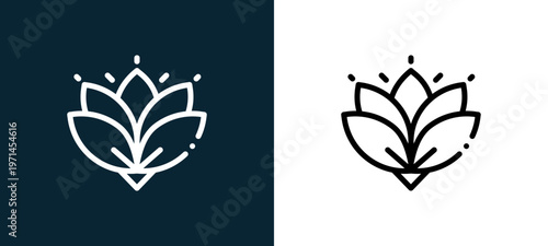 Two-color lotus outline icon pair in black and white, editable stroke vector illustration for web, mobile apps, UI design, branding, and print from diwali