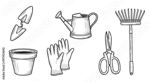Gardening tools and equipment set with watering can shovel rake and gloves. Hand drawn garden maintenance icons.