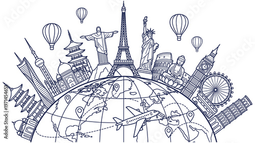 Travel and tourism concept with famous world landmarks and airplane.