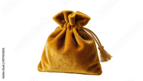 Cuadro en lienzo Golden velvet drawstring pouch with tassel, isolated on transparent background