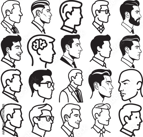 Varied male profile portraits in graphic line art style