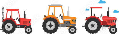 Tractor Collection Vector Illustration Set Featuring Vintage and Modern Farm Tractors in Different Colors for Agriculture Farming and Rural Equipment Design Projects