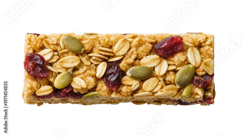 Photography Hearty granola bar with oats pumpkin seeds and dried cranberries, isolated on tr