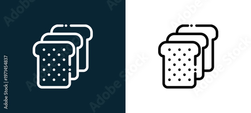 Two-color bread outline icon pair in black and white, editable stroke vector illustration for web, mobile apps, UI design, branding, and print from cafe