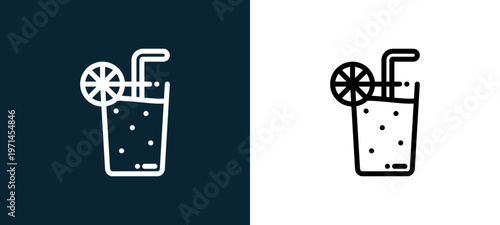 Two-color lemonade outline icon pair in black and white, editable stroke vector illustration for web, mobile apps, UI design, branding, and print from cafe