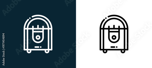 Two-color jukebox outline icon pair in black and white, editable stroke vector illustration for web, mobile apps, UI design, branding, and print from cafe