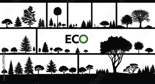 Black silhouette trees and word E C O with green circle on white background