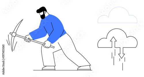 Data mining. Man with pickaxe data extraction and analysis, paired with a cloud storage icon. Data mining for technology concepts, cloud computing, big data, innovation, IT solutions
