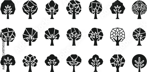 Collection of black stylized tree with geometric and organic shapes tree stylized tree geometric tree