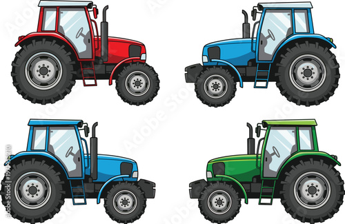 Tractor Collection Vector Illustration Set Featuring Detailed Agricultural Tractors in Multiple Colors for Farming Rural Equipment and Agriculture Design Projects