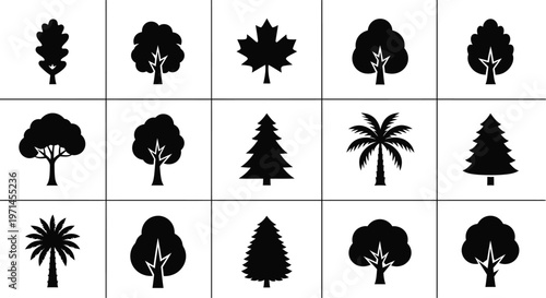 Collection of fifteen black tree on a white background silhouette oak tree