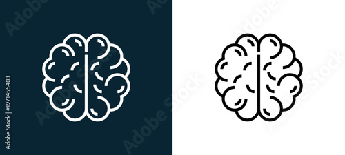 Two-color brain outline icon pair in black and white, editable stroke vector illustration for web, mobile apps, UI design, branding, and print from human organs