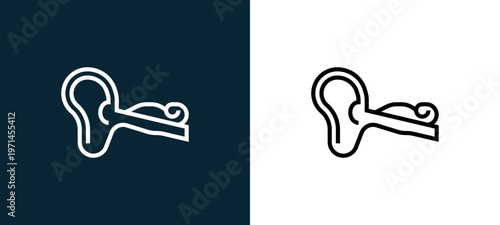 Two-color ear outline icon pair in black and white, editable stroke vector illustration for web, mobile apps, UI design, branding, and print from human organs