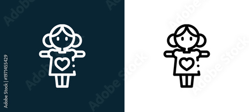 Two-color doll outline icon pair in black and white, editable stroke vector illustration for web, mobile apps, UI design, branding, and print from children toys