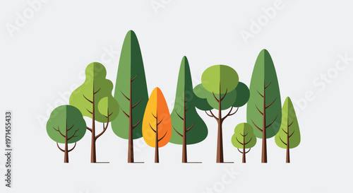 Flat stylized trees in various green and orange shades on a light gray background forest nature