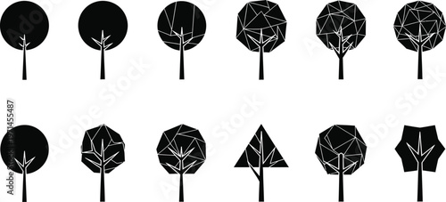 Collection of twelve black stylized trees with geometric foliage and simple trunks symbol