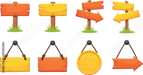 Wooden Signboard Collection Vector Illustration Set Featuring Rustic Hanging Boards Direction Arrows Round Signs and Blank Wooden Labels for Farm and Vintage Design Projects