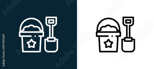 Two-color sand bucket outline icon pair in black and white, editable stroke vector illustration for web, mobile apps, UI design, branding, and print from children toys