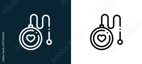 Two-color yoyo outline icon pair in black and white, editable stroke vector illustration for web, mobile apps, UI design, branding, and print from children toys