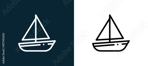 Two-color boat outline icon pair in black and white, editable stroke vector illustration for web, mobile apps, UI design, branding, and print from children toys