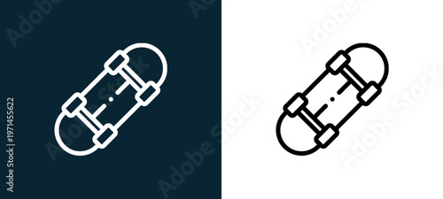 Two-color skateboard outline icon pair in black and white, editable stroke vector illustration for web, mobile apps, UI design, branding, and print from children toys
