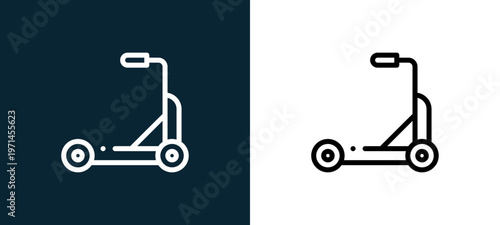 Two-color scooter outline icon pair in black and white, editable stroke vector illustration for web, mobile apps, UI design, branding, and print from children toys