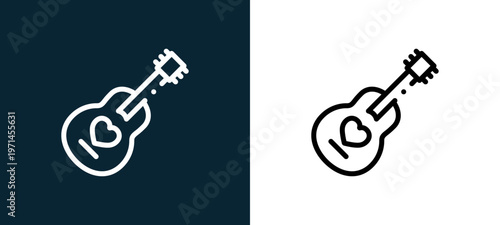 Two-color guitar outline icon pair in black and white, editable stroke vector illustration for web, mobile apps, UI design, branding, and print from children toys