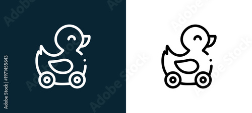 Two-color duck outline icon pair in black and white, editable stroke vector illustration for web, mobile apps, UI design, branding, and print from children toys
