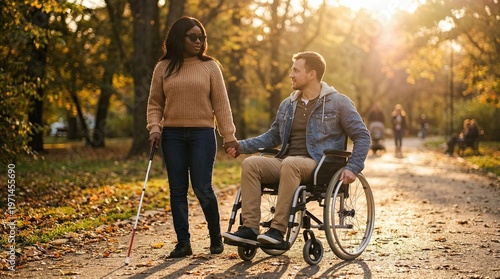 Blind woman with white cane walking with man in wheelchair outdoor recreation