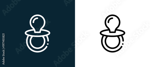 Two-color pacifier outline icon pair in black and white, editable stroke vector illustration for web, mobile apps, UI design, branding, and print from children toys