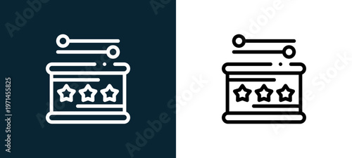 Two-color drums outline icon pair in black and white, editable stroke vector illustration for web, mobile apps, UI design, branding, and print from children toys