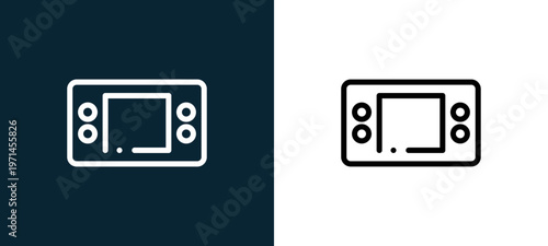 Two-color game console outline icon pair in black and white, editable stroke vector illustration for web, mobile apps, UI design, branding, and print from children toys