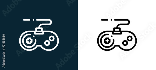 Two-color joystick outline icon pair in black and white, editable stroke vector illustration for web, mobile apps, UI design, branding, and print from children toys