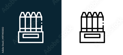 Two-color crayons outline icon pair in black and white, editable stroke vector illustration for web, mobile apps, UI design, branding, and print from children toys