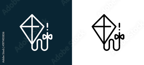 Two-color kite outline icon pair in black and white, editable stroke vector illustration for web, mobile apps, UI design, branding, and print from children toys