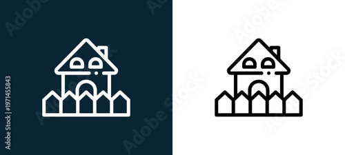 Two-color house outline icon pair in black and white, editable stroke vector illustration for web, mobile apps, UI design, branding, and print from children toys