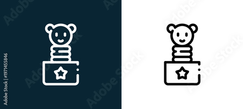 Two-color jack in the box outline icon pair in black and white, editable stroke vector illustration for web, mobile apps, UI design, branding, and print from children toys