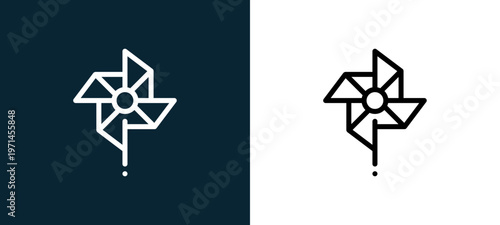 Two-color pinwheel outline icon pair in black and white, editable stroke vector illustration for web, mobile apps, UI design, branding, and print from children toys