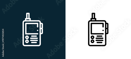 Two-color walkie talkie outline icon pair in black and white, editable stroke vector illustration for web, mobile apps, UI design, branding, and print from children toys