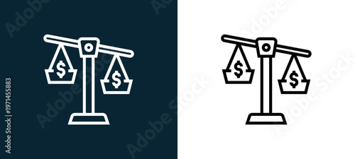 Two-color injustice outline icon pair in black and white, editable stroke vector illustration for web, mobile apps, UI design, branding, and print from CORRUPTION ELEMENTS