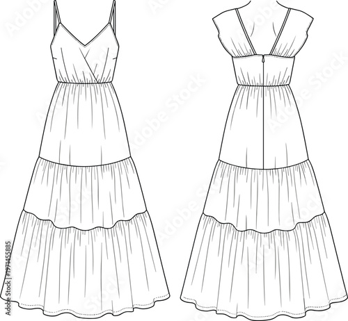 Tiered maxi summer dress flat sketch, strappy dress front and back view, technical fashion drawing, garment CAD template vector