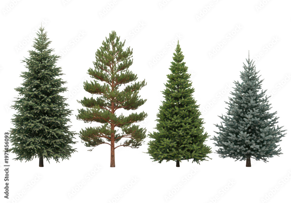 Obraz premium Three christmas trees of varying heights and greenery displayed side by side isolated on transparent background