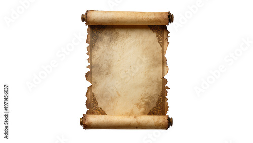 Fotografía Antique parchment scroll with burnt edges and ornate border, isolated on transpa