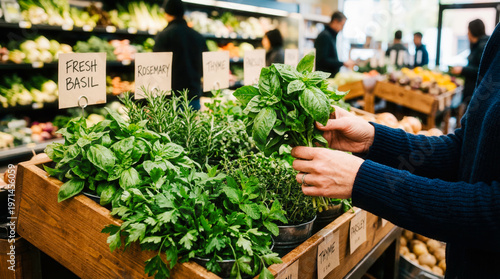Hands choosing fresh herbs from supermarket vegetable shelf. Concept of organic ingredients healthy nutrition and everyday grocery shopping.