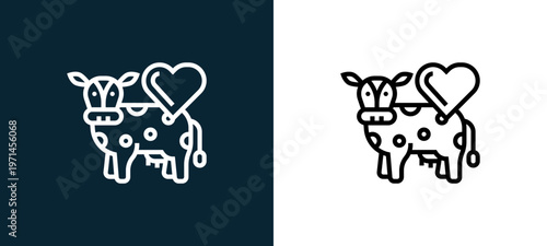 Two-color cow outline icon pair in black and white, editable stroke vector illustration for web, mobile apps, UI design, branding, and print from charity elements