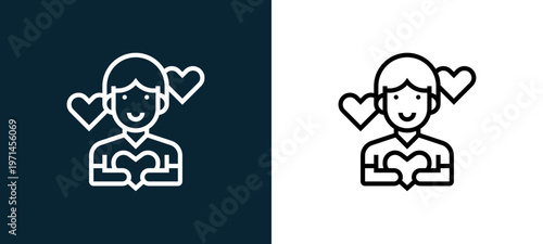 Two-color volunteer outline icon pair in black and white, editable stroke vector illustration for web, mobile apps, UI design, branding, and print from charity elements