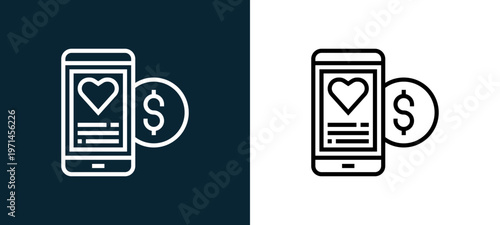 Two-color online money outline icon pair in black and white, editable stroke vector illustration for web, mobile apps, UI design, branding, and print from charity elements