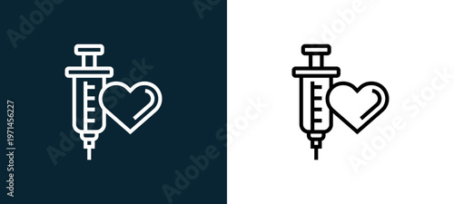 Two-color vaccine outline icon pair in black and white, editable stroke vector illustration for web, mobile apps, UI design, branding, and print from charity elements