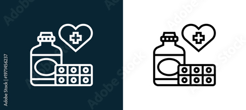 Two-color medicine outline icon pair in black and white, editable stroke vector illustration for web, mobile apps, UI design, branding, and print from charity elements