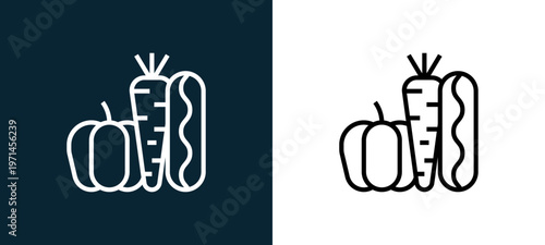 Two-color vegetables outline icon pair in black and white, editable stroke vector illustration for web, mobile apps, UI design, branding, and print from charity elements